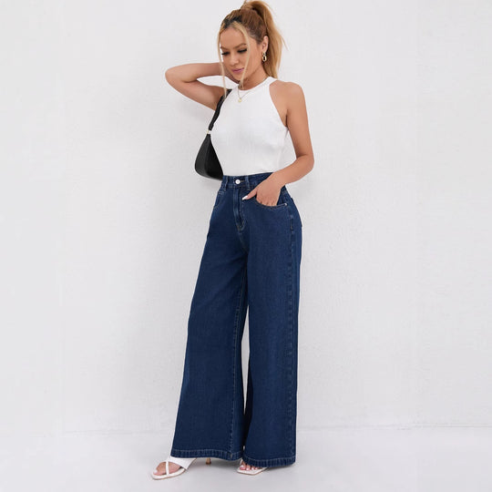 Damen Weite Denim-Jeans mit hoch tailliertem Schnitt und trendigen Details R&B