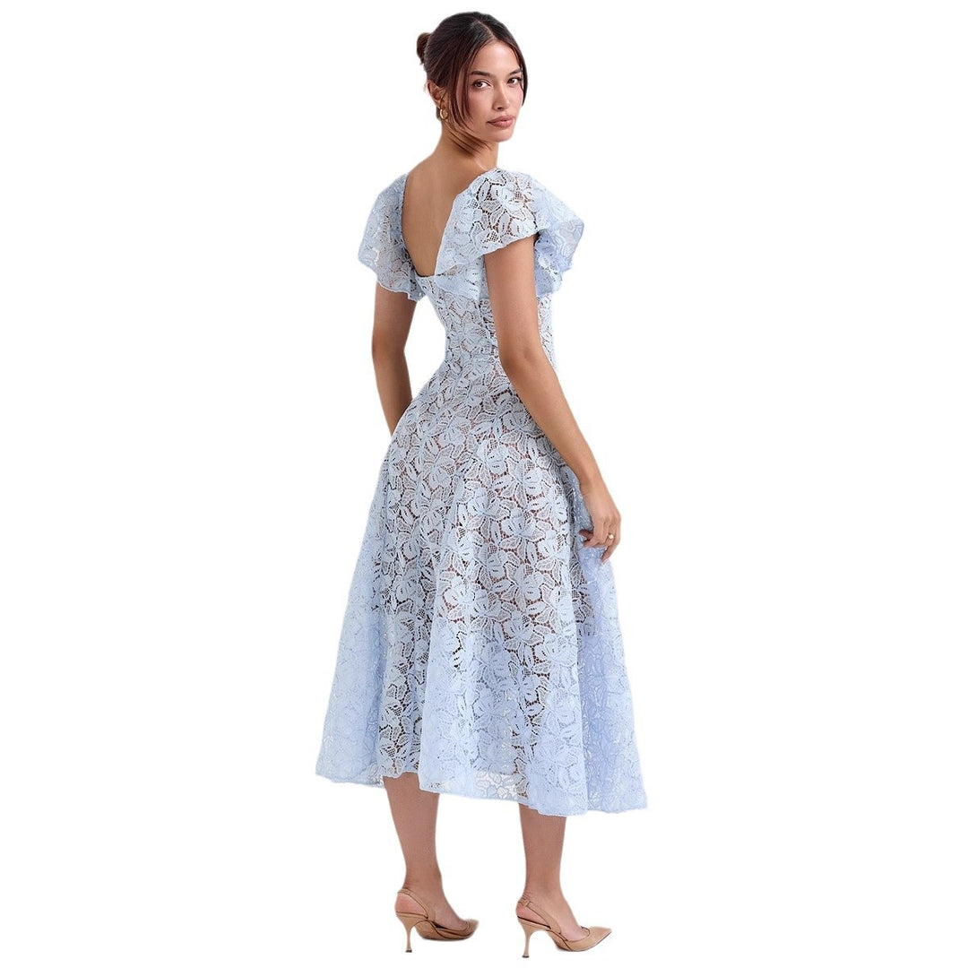 Damen Spitzenkleid mit voluminösen Rüschärmeln und ausgestelltem Rock R&B