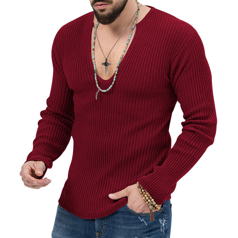 Herren Langarm-Rippenpullover mit tiefem V-Ausschnitt und modernem Schnitt R&B
