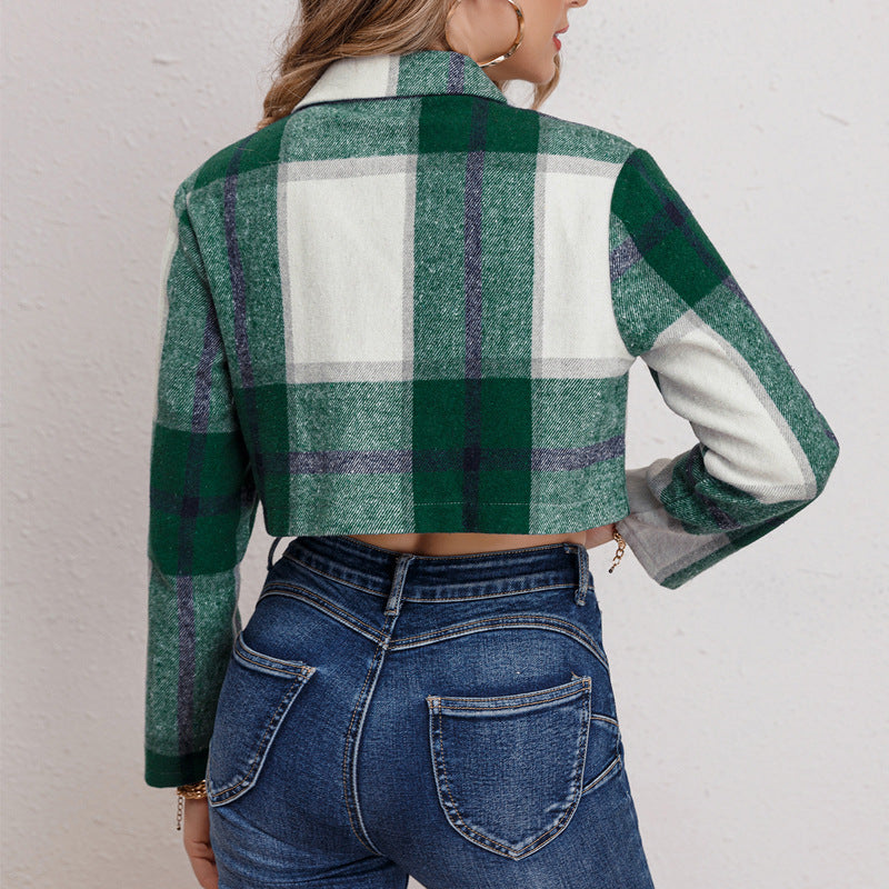 Damen Karierte Jeansjacke im cropped Schnitt mit Brusttaschen R&B