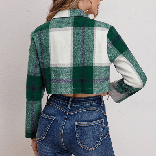 Damen Karierte Jeansjacke im cropped Schnitt mit Brusttaschen R&B