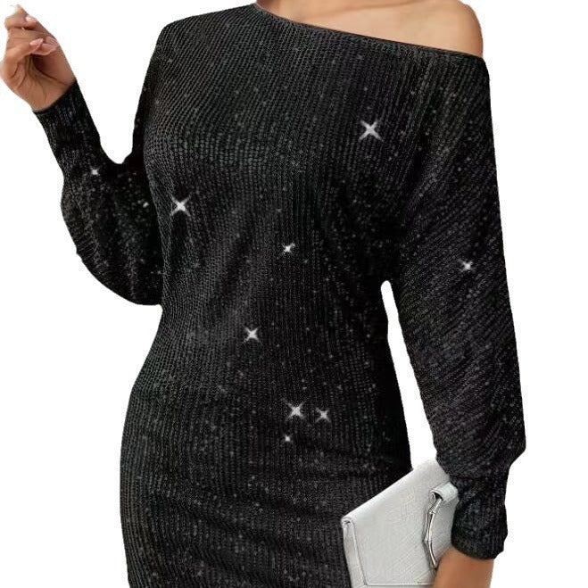 Damen Glamouröses Minikleid mit asymmetrischem Schulterdesign und Funkeleffekten R&B
