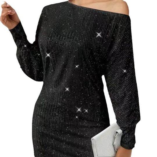 Damen Glamouröses Minikleid mit asymmetrischem Schulterdesign und Funkeleffekten R&B