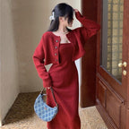 Damen Strickkleid mit taillierter Jacke und Knopfdetails