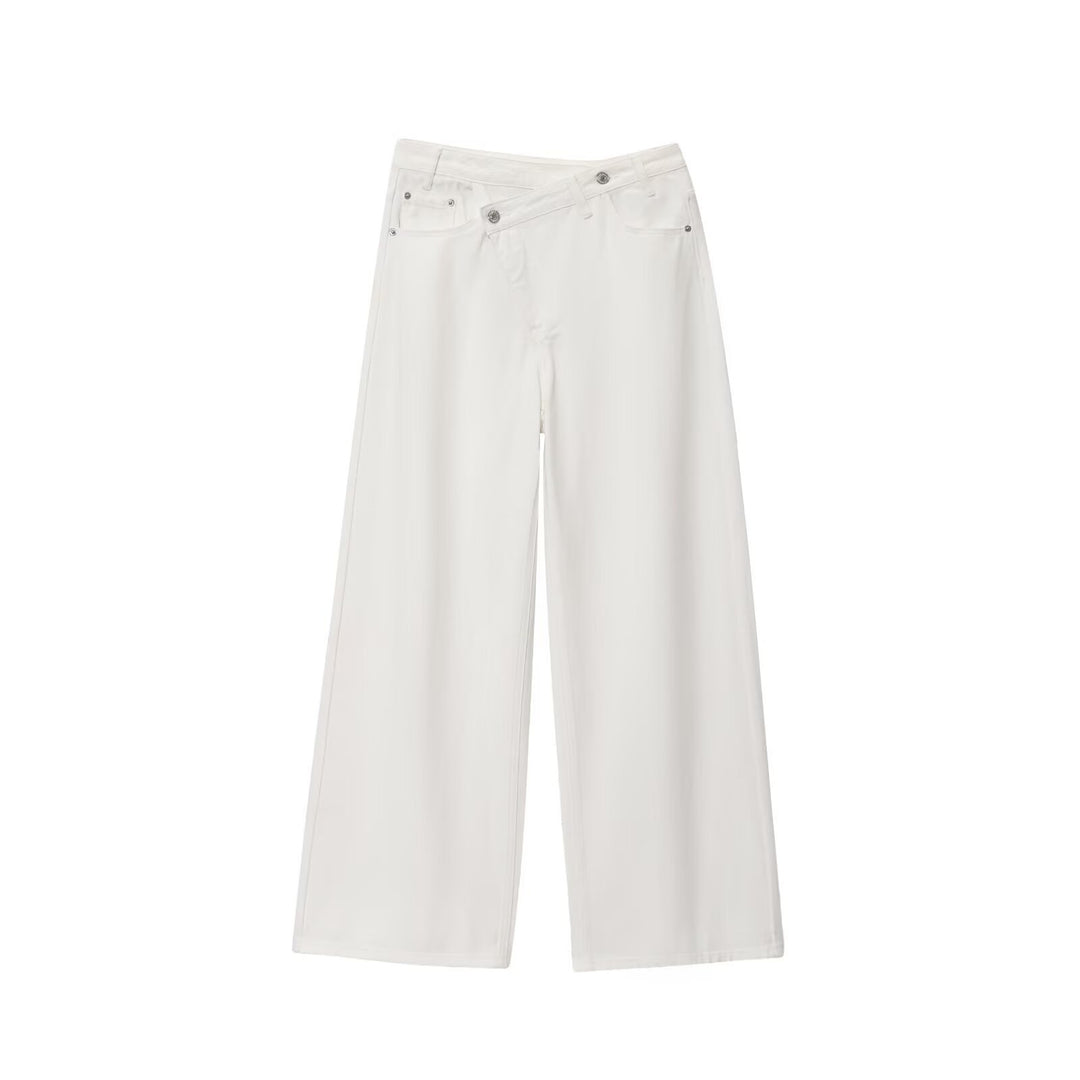 Damen weit geschnittene Jeans mit asymmetrischem Knopfverschluss und hohen Taillen R&B