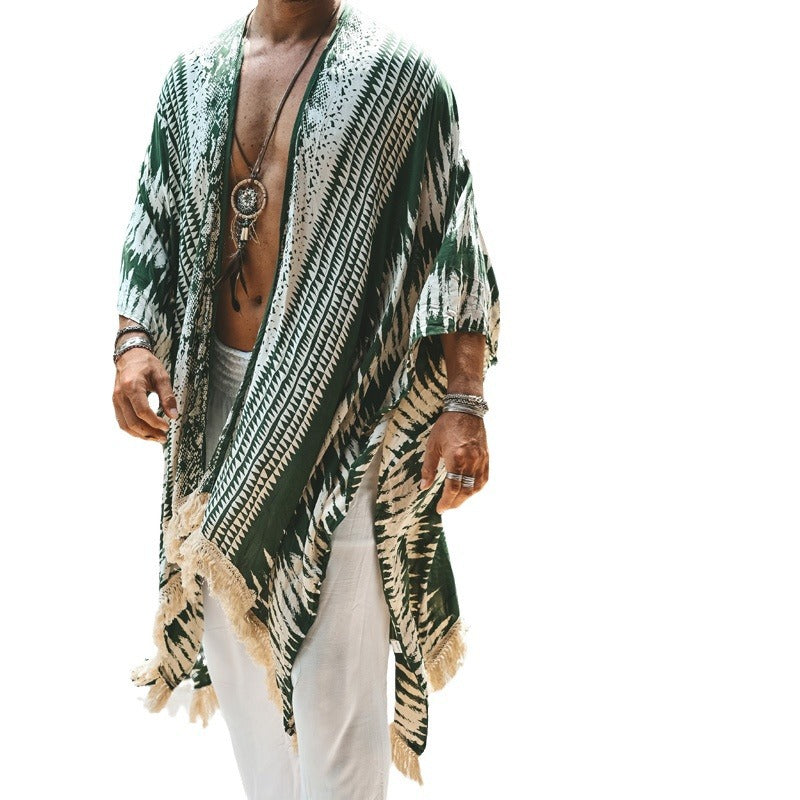 Herren nan leichter Strandponcho im Kimono-Stil mit Fransen R&B