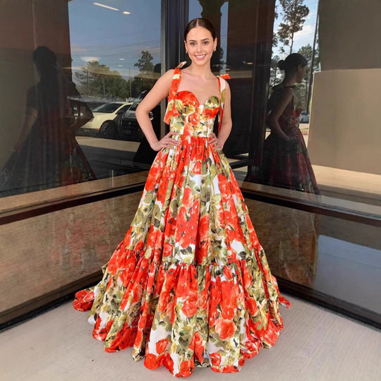 Damen Festliches Maxikleid mit floralen Rüschendetails und schwingendem Rock R&B