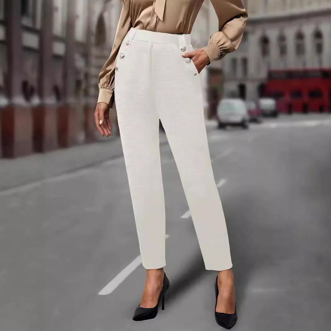 Damen elegante Anzughose mit doppeltem Knopfverschluss und schmalem Bein R&B