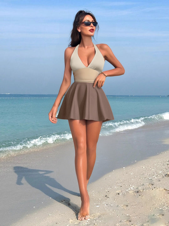 Damen Flatternder Strand-Badeanzug mit V-Ausschnitt und Wickelrock R&B