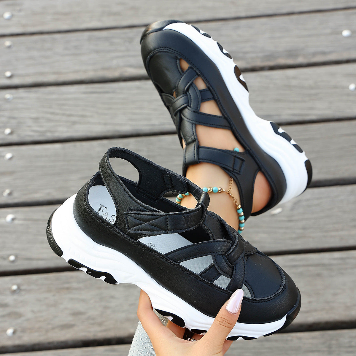 Damen Sportliche Sneaker-Sandalen mit elastischen Riemen und rutschfester Sohle R&B