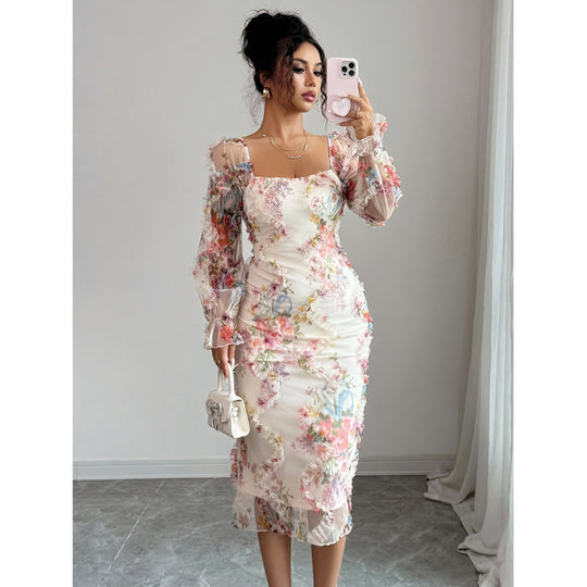 Damen Elegantes Midikleid mit floralen Spitzenärmeln und Rüschendetails R&B