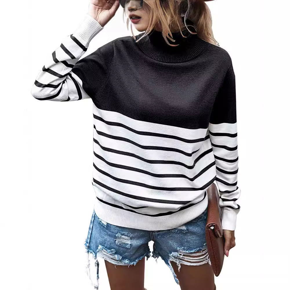 Damen Strickpullover mit einem modernen Hochkragen und breitem Streifenmuster R&B
