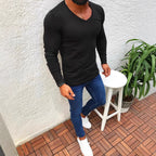 Herren elegantes Langarmshirt mit V-Ausschnitt und figurbetontem Schnitt R&B