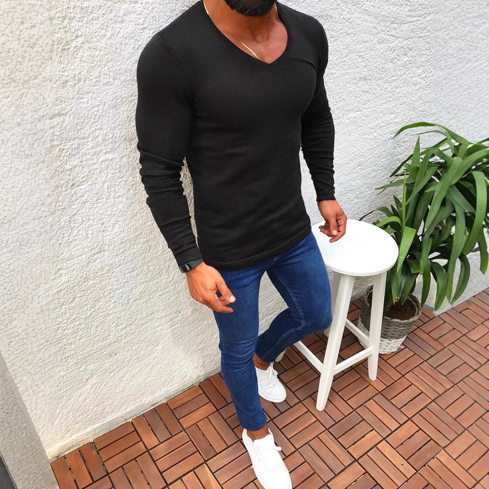 Herren elegantes Langarmshirt mit V-Ausschnitt und figurbetontem Schnitt R&B