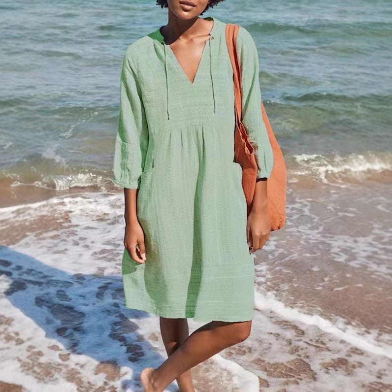 Damen lässiges Sommerkleid mit Kapuze und Taschen R&B