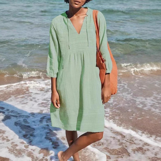Damen lässiges Sommerkleid mit Kapuze und Taschen R&B