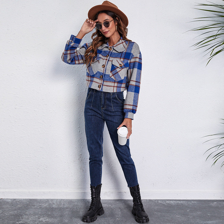 Damen Karierte Short-Jacke mit zwei aufgesetzten Taschen und Knopfdetails R&B