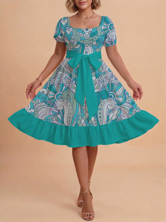 Damen modernes Blumenkleid mit elegantem Taillengürtel und asymmetrischem Saum R&B