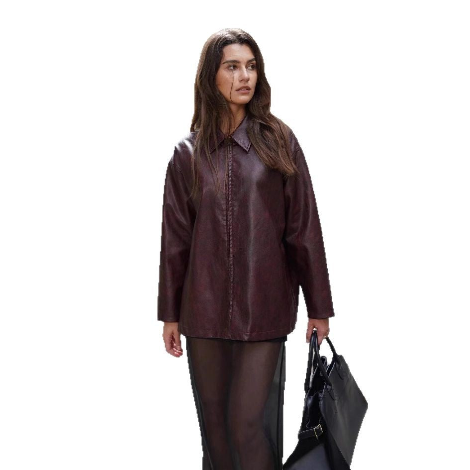 Damen lässige Kunstlederjacke mit strukturiertem Design R&B