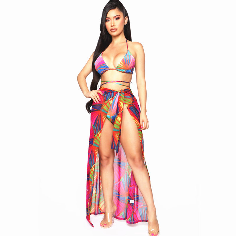 Damen Bikini mit Wickelrock und buntem Muster R&B