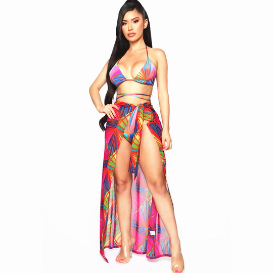 Damen Bikini mit Wickelrock und buntem Muster R&B