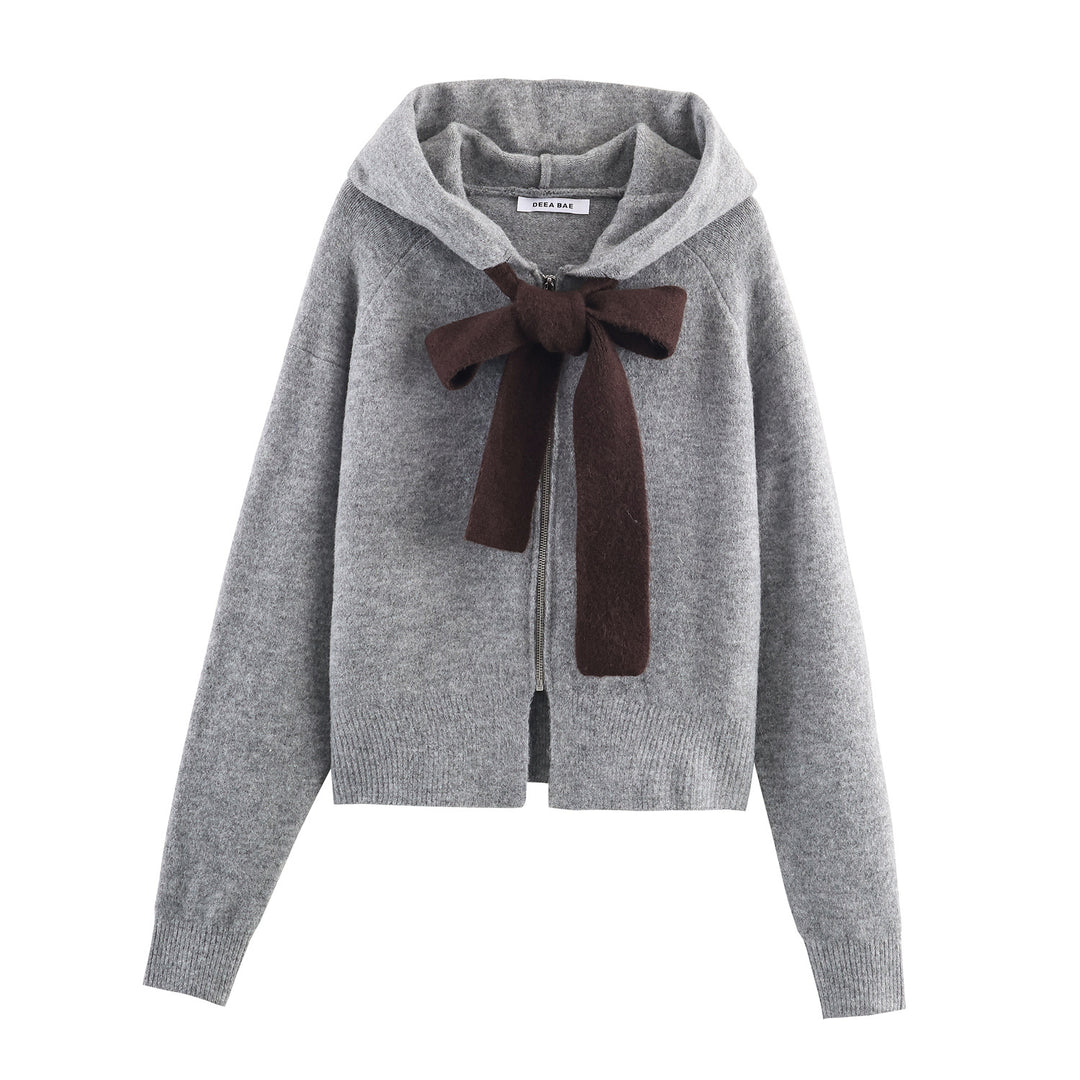 Damen Strickjacke mit Kapuze und dekorativem Schleifenverschluss R&B