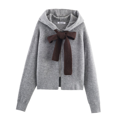 Damen Strickjacke mit Kapuze und dekorativem Schleifenverschluss R&B