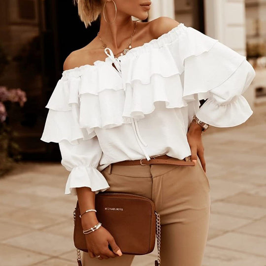 Damen Off-Shoulder Bluse mit Rüschendesign R&B