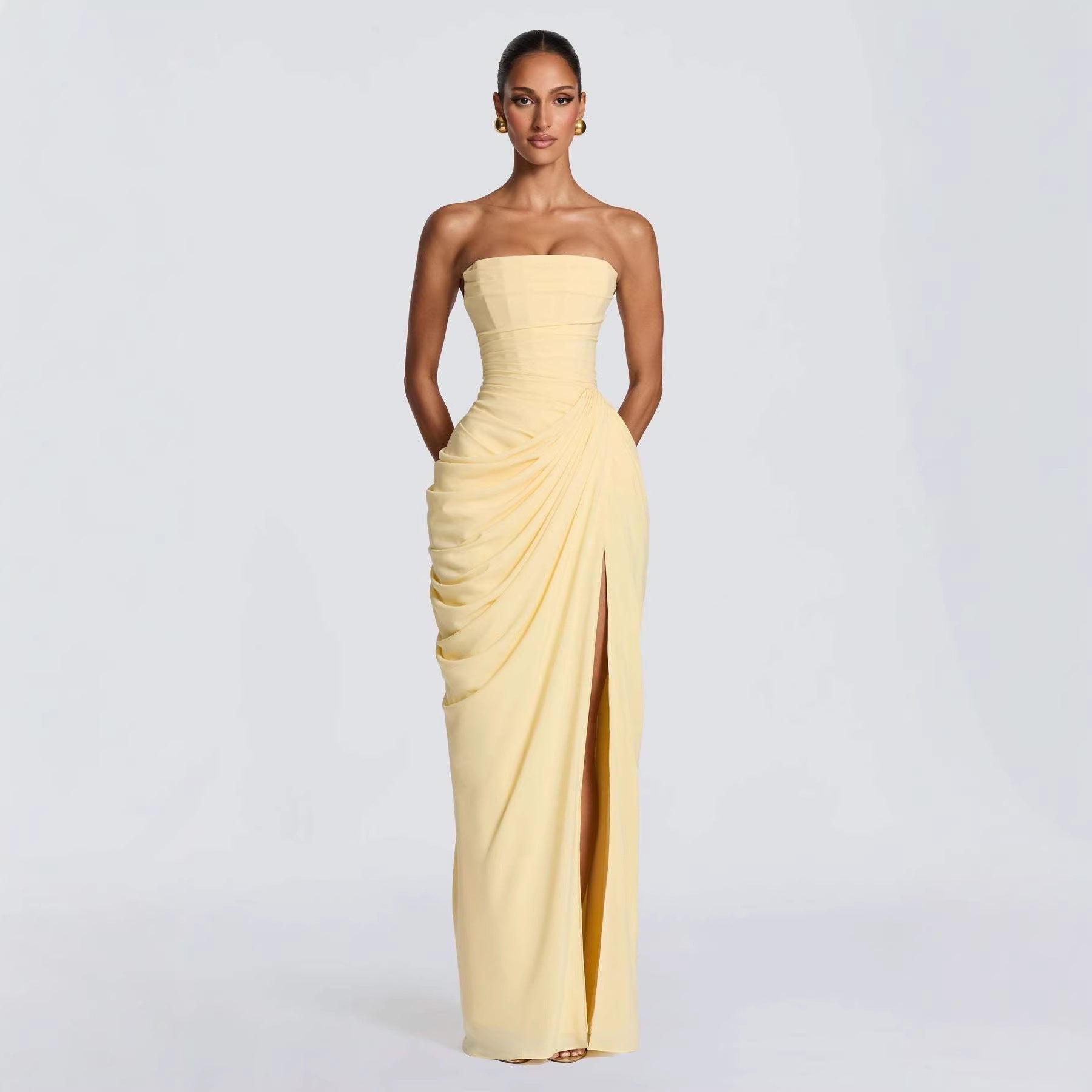 Damen Elegantes Langarm Abendkleid mit asymmetrischer Drapierung und schmalem Schlitz EB