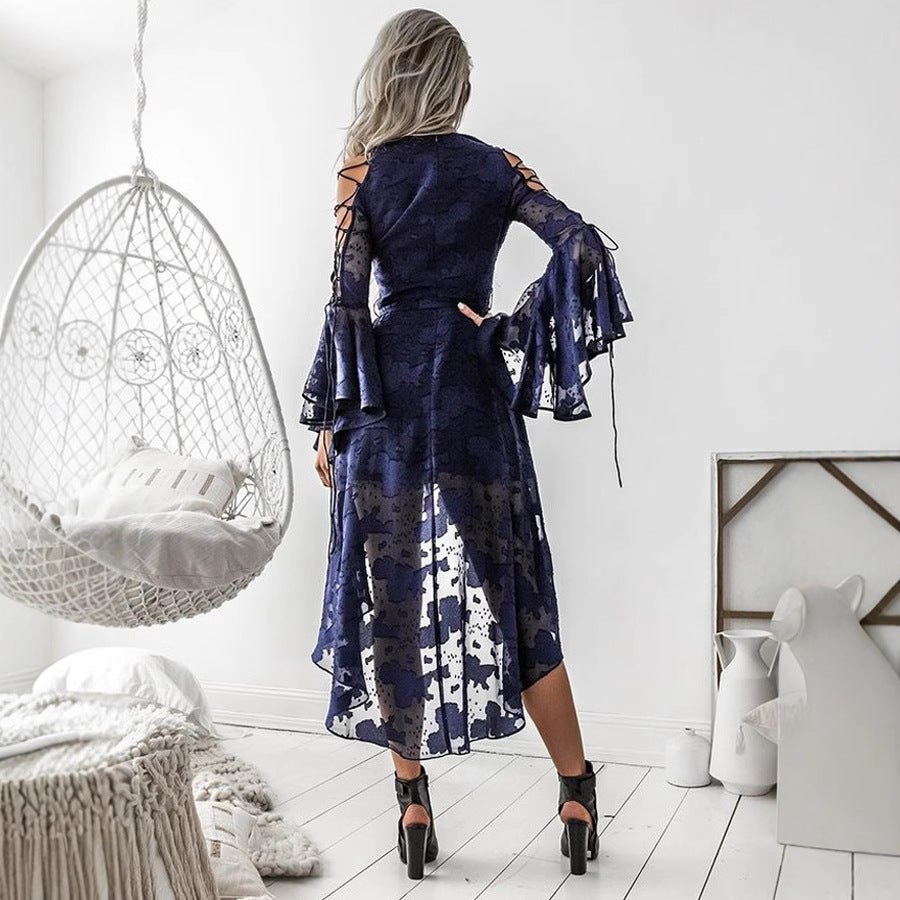 Damen Midi-Kleid mit transparenten Ärmeln und dekorativem Gürtel R&B