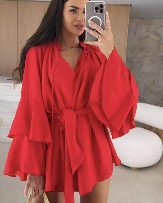 Damen lässiges Kaftan-Kleid mit voluminösen Ärmeln und Taillengürtel R&B