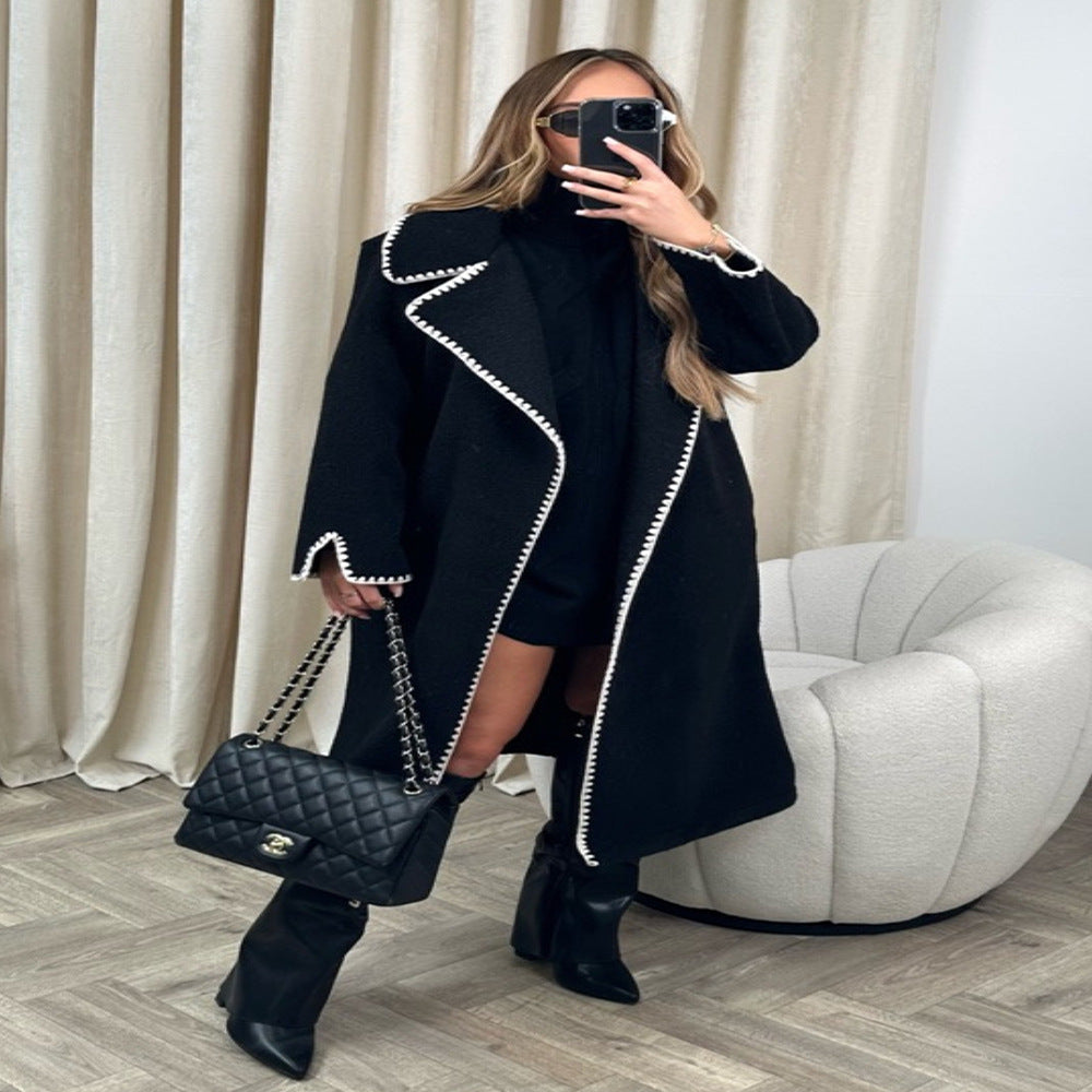 Damen eleganter Mantel mit stilvollem Umschlagkragen und kontrastierenden Ziernähten R&B