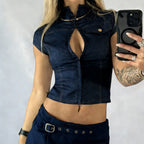 Damen modische Kurzarm Denim-Bluse mit eleganter Knopf-Detailierung R&B