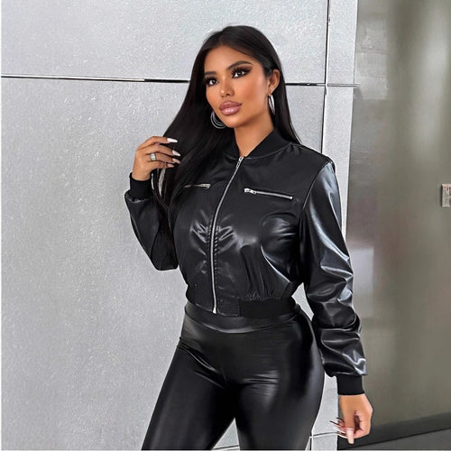 Damen cropped Kunstlederjacke mit glänzendem Finish und dekorativen Reißverschlüssen R&B