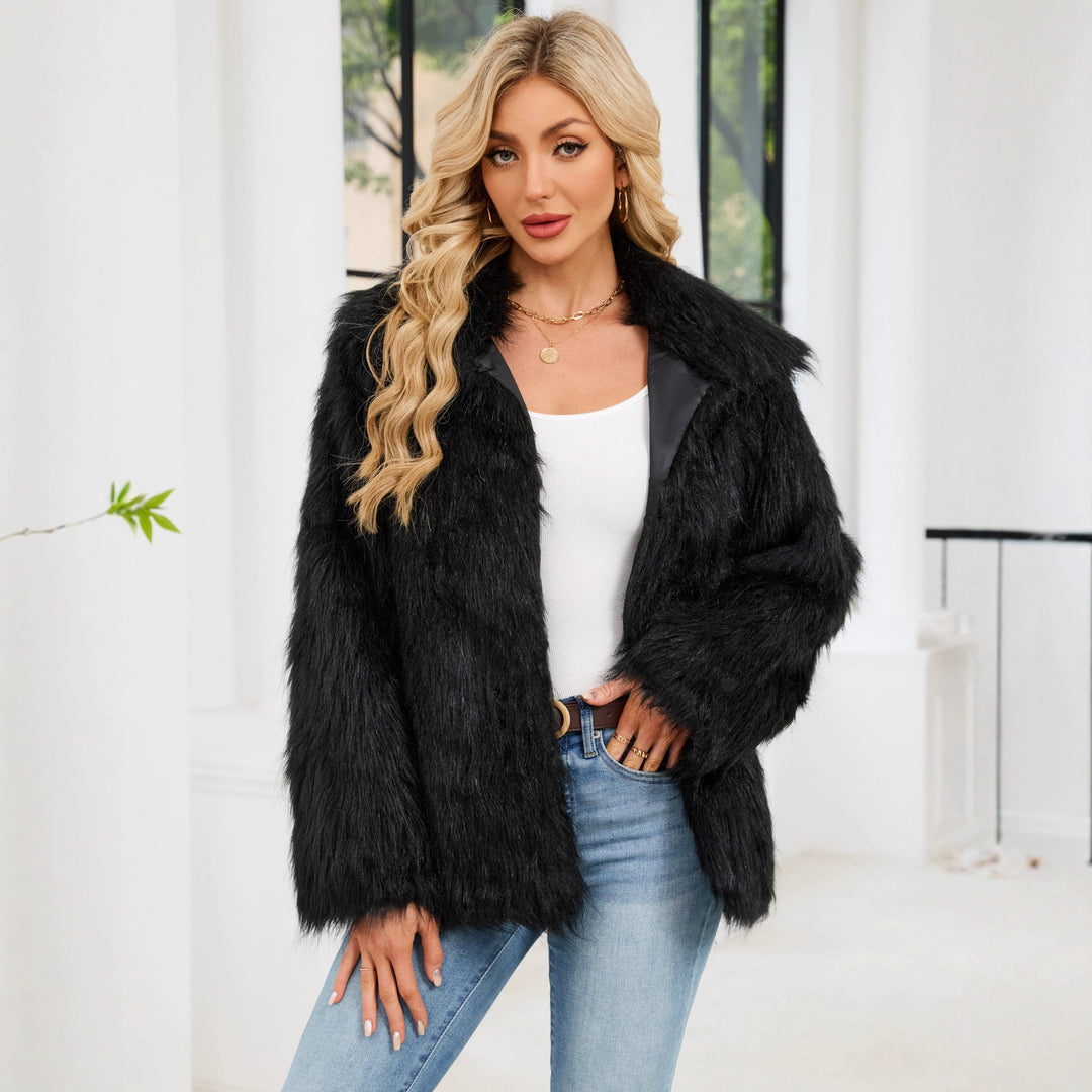 Damen Flauschige Kunstpelzjacke mit Umlegekragen und lockerer Passform R&B