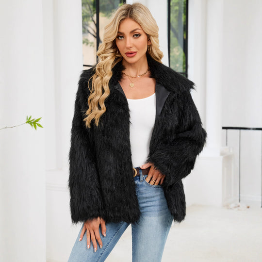 Damen Flauschige Kunstpelzjacke mit Umlegekragen und lockerer Passform R&B