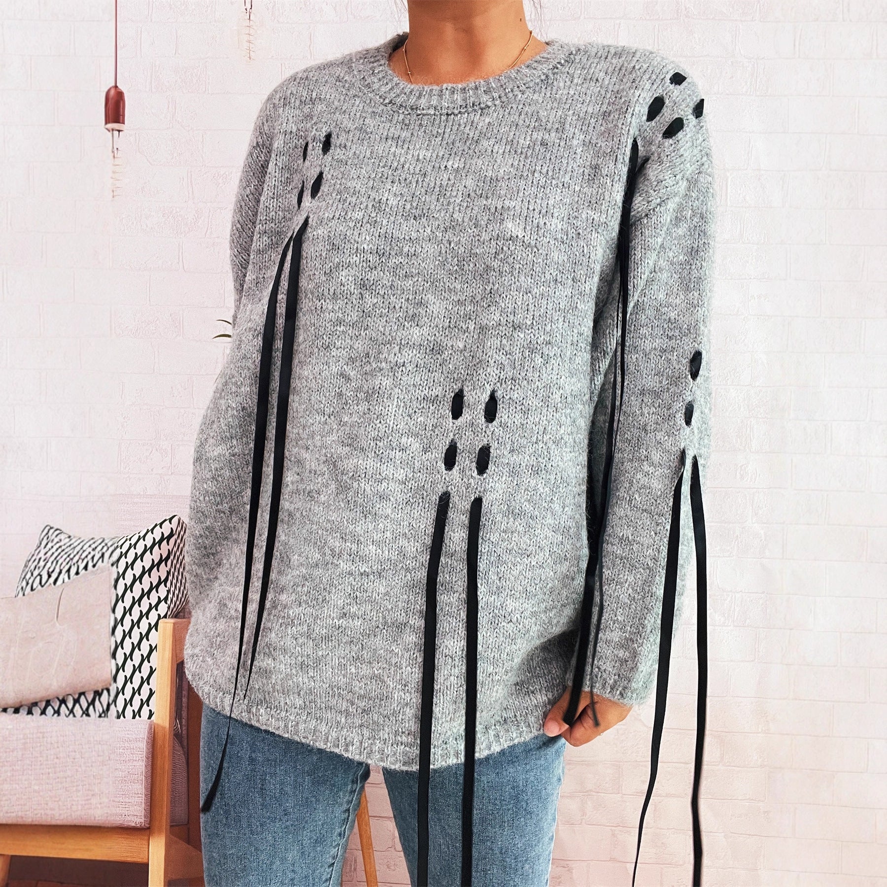 Damen modischer Oversize-Pullover mit einzigartigen Schnürdetails R&B