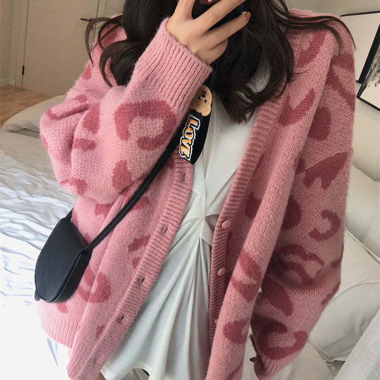 Damen Strickcardigan mit auffälligem Leopardenmuster und großzügigem Schnitt R&B