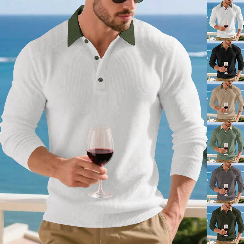 Herren Langarm Poloshirt mit strukturiertem Design und kontrastierendem Stehkragen R&B