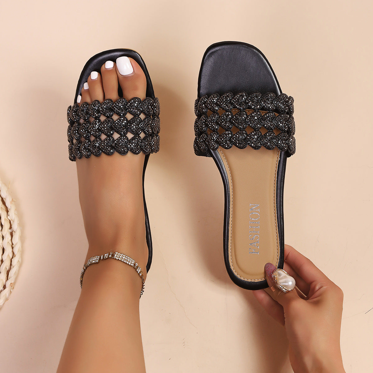 Damen modische Pantoletten mit glitzerndem Herzdesign R&B