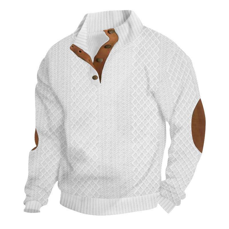 Herren nan gehobener Strickpullover mit Rautenmuster, hohem Rippkragen, knöpfbarer Latzleiste und Lederbesatz an Ellenbogen R&B