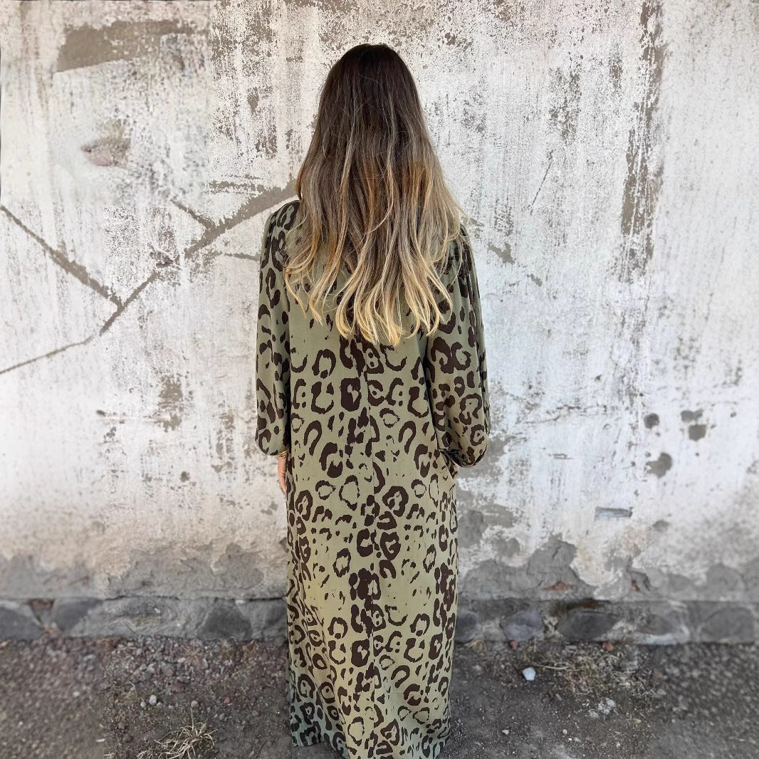 Damen Langarm Maxikleid mit Animal-Print und praktischen Taschen R&B