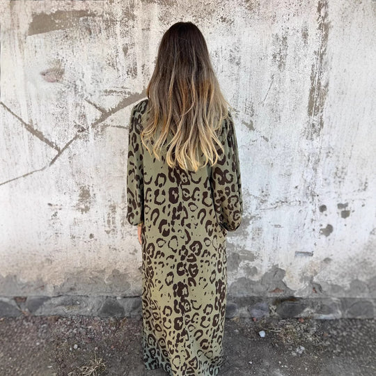 Damen Langarm Maxikleid mit Animal-Print und praktischen Taschen R&B