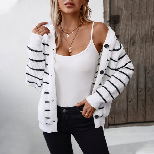 Damen gestreifte Strickjacke mit Kapuze und Taschen R&B