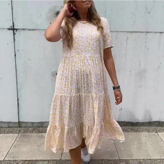 Damen nan luftiges Stufenmaxikleid im Boho-Babydoll-Stil mit geraffter Unterbrust und kurzen Ärmeln R&B