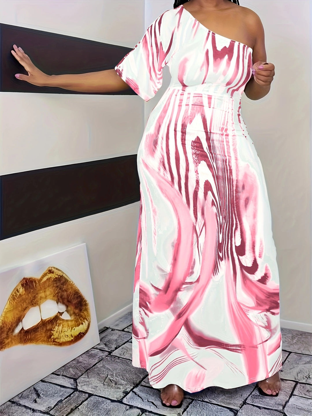 Damen Maxikleid mit asymmetrischem Ausschnitt und modernem Wellenmuster R&B
