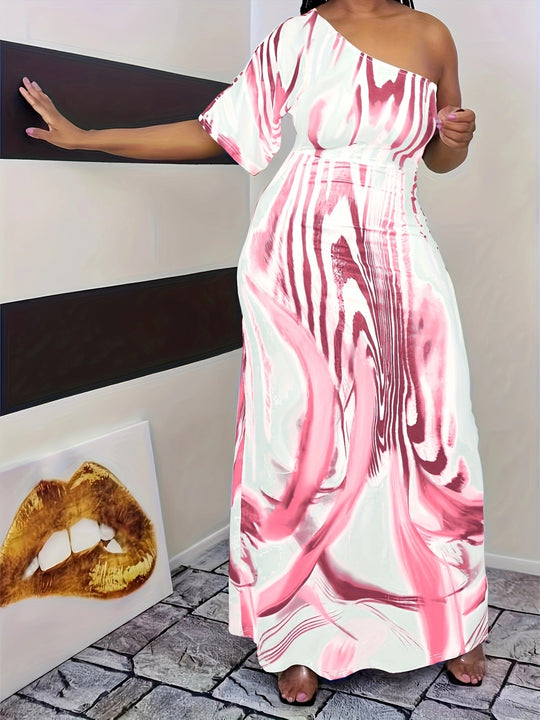 Damen Maxikleid mit asymmetrischem Schnitt und elegantem Muster R&B
