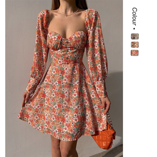 Damen Puffärmel Kleid mit romantischem Blumenmuster und herzförmigem Ausschnitt R&B
