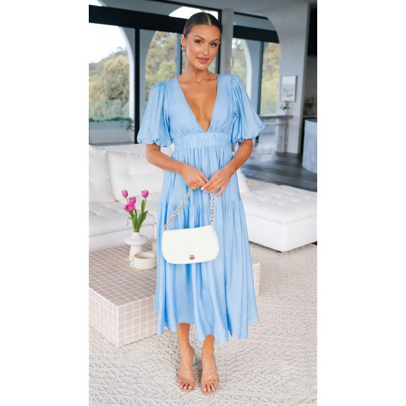 Damen Midi-Kleid mit Puffärmeln und tiefem V-Ausschnitt R&B