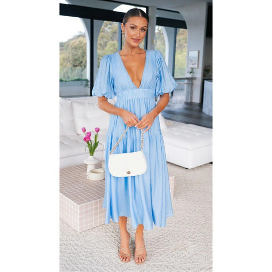 Damen Midi-Kleid mit Puffärmeln und tiefem V-Ausschnitt R&B